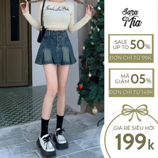  Chân váy jean ngắn Saramia váy xòe xếp ly cạp cao có quần trong phong cách y2k A17 