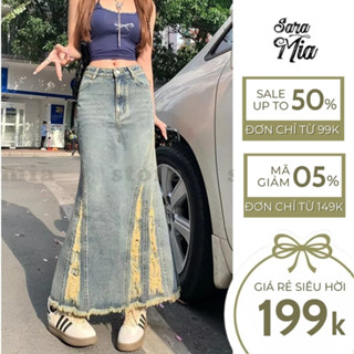 Chân váy jean đuôi cá rách gấu ôm body nữ váy bò dài xẻ tà ngang màu xanh đen V14
