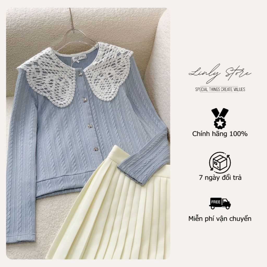 Set áo len phối cổ nữ dài tay, chân váy ngắn xếp ly Linly Store