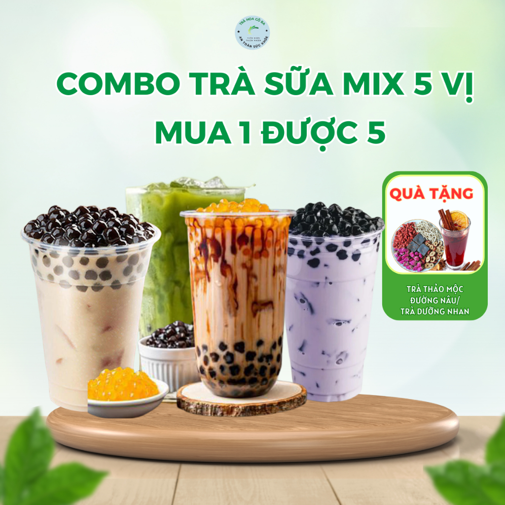 Combo 5 Set Trà Sữa Tự Pha Mix 5 Vị Ngẫu Nhiên, Nguyên Liệu Làm Trà Sữa Tại Nhà 45-50 Ly Trà Hoa Cô 