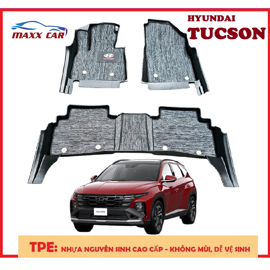 Tucson: Thảm lót sàn MAXXCAR cho xe HYUNDAI TUCSON 2021+ nhựa TPE đúc 5D tràn viền + Rối xám logo.