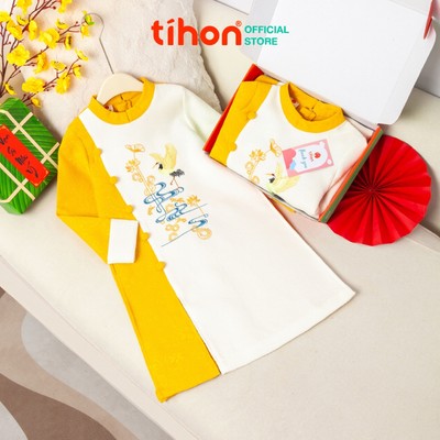 Áo dài bé trai chất liệu gấm phối dạ TIHON cao cấp thêu hạc cho bé từ 13kg - 45kg  AD0750870