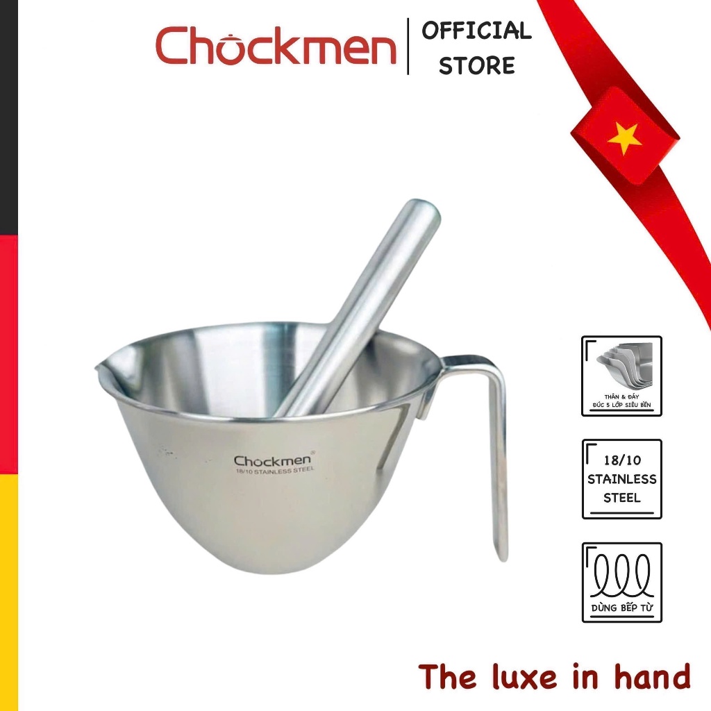 Bộ Chày Cối Nghiền CHOCKMEN Inox 18/10 Kiêm Ca Đong 13.5 Chày Cối Giã Hành Gừng Tỏi