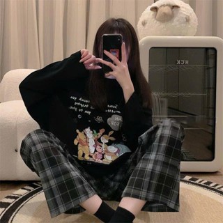  Sét Đồ dài tay nữ quầN KẺ Ô thu đông in hình thời trang ANHSTORE bộ mặc nhà thu đông phom quần suông hách dáng tới 70kg 