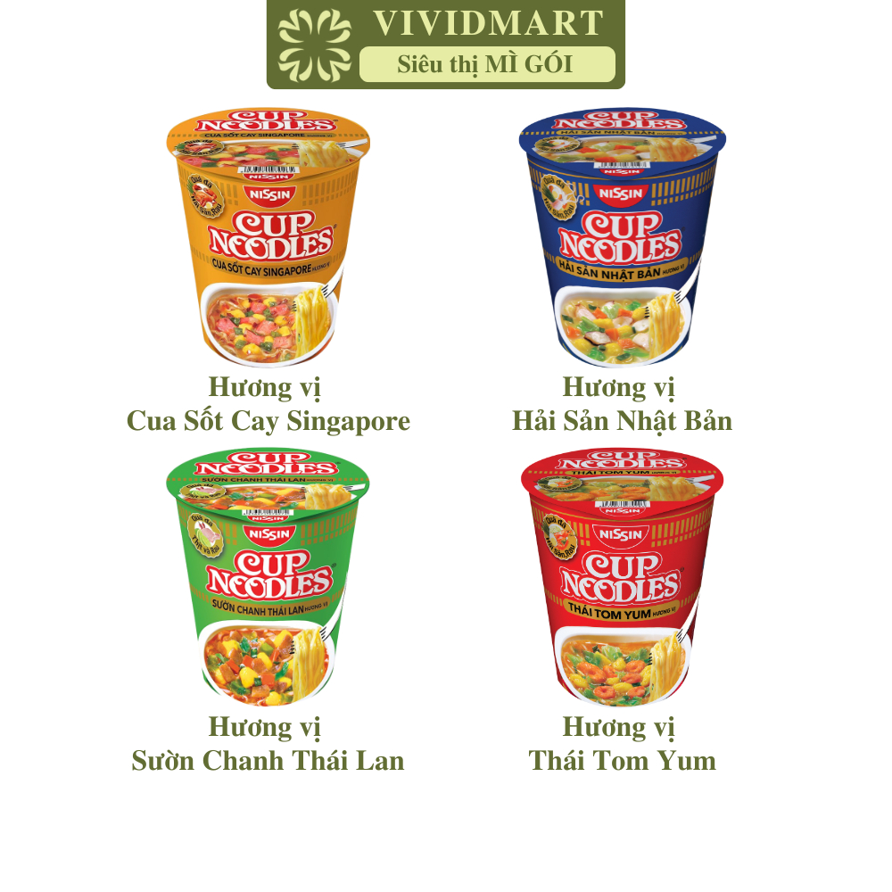LYLẺ-NISSIN- Mì ly Cup Noodles 4 vị: Hải sản Nhật Bản, Thái Tom Yum, Cua sốt cay Singapore, Sườn chanh Thái Lan 67g-74g