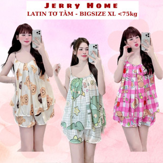 [ BIGSIZE] Đồ Ngủ Bigsize 75kg, Đồ Bộ Mặc Nhà 2 Dây, Đồ Ngủ Nữ 2 Dây Mát Mịn Quần Đùi Lụa Latin Thiết Kế Jerry Home