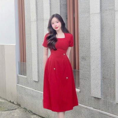 Đầm thiết kế dự tiệc công sở đắp cổ tay ngắn dáng xòe kèm tag nơ sang trọng Callene (CC278)