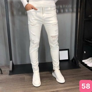 Quần jean nam boy phố rách gối màu trắng trơn form skinny chất bò cao cấp co dãn 4 chiều HAVADO Ms58 Mẫu Mới