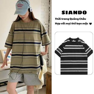 Áo thun form rộng tay lỡ kẻ sọc rách lai chất cotton đẹp hàng quảng châu cao cấp SIANDO AT06