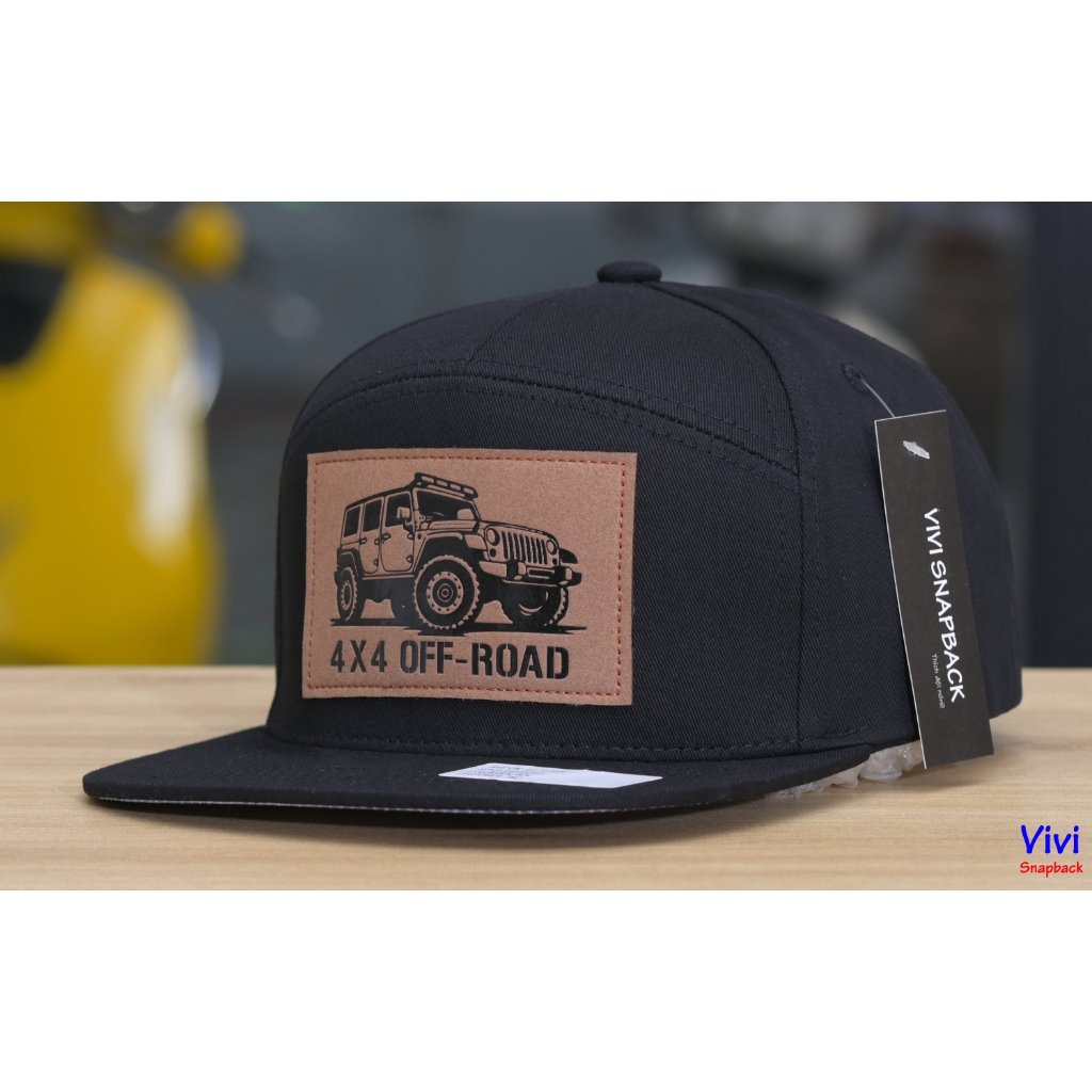 Nón snapback màu đen logo xe địa hình,snapback logo da,mũ thể thao off-road 4x4, 7 Panel Snapback Bl