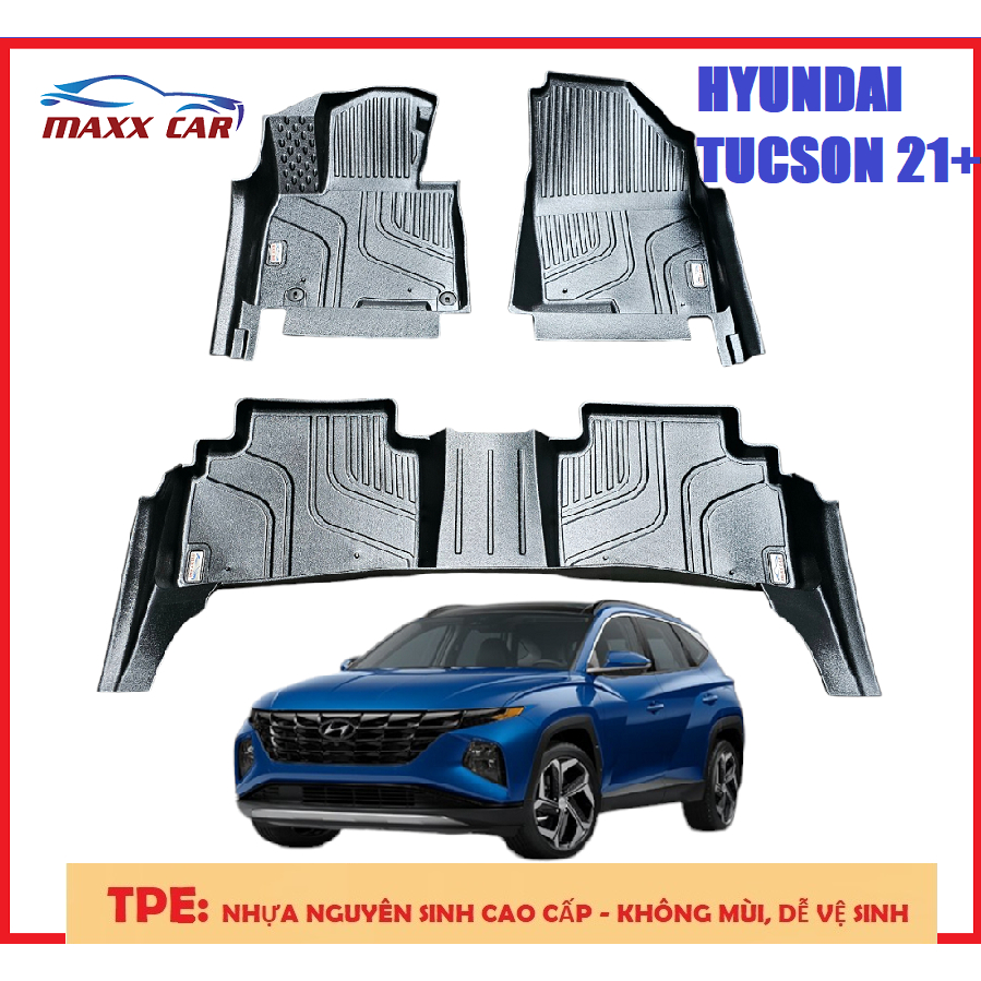 Tucson: Thảm lót sàn MAXXCAR cho xe HYUNDAI TUCSON 2021+ nhựa TPE đúc 5D tràn viền + Rối xám logo.