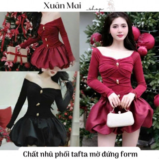  Đầm trễ vai nữ tay dài đính nút form xoè bí  phồng ngắn trên gối mặc đi tiệc đi chơi  Noel Tết xuanmaishop12 
