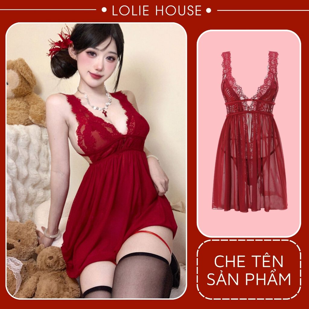 Váy ngủ 2 dây ren sexy xẻ sau lưng mỏng xuyên thấu gợi cảm LOLIE HOUSE - VN10