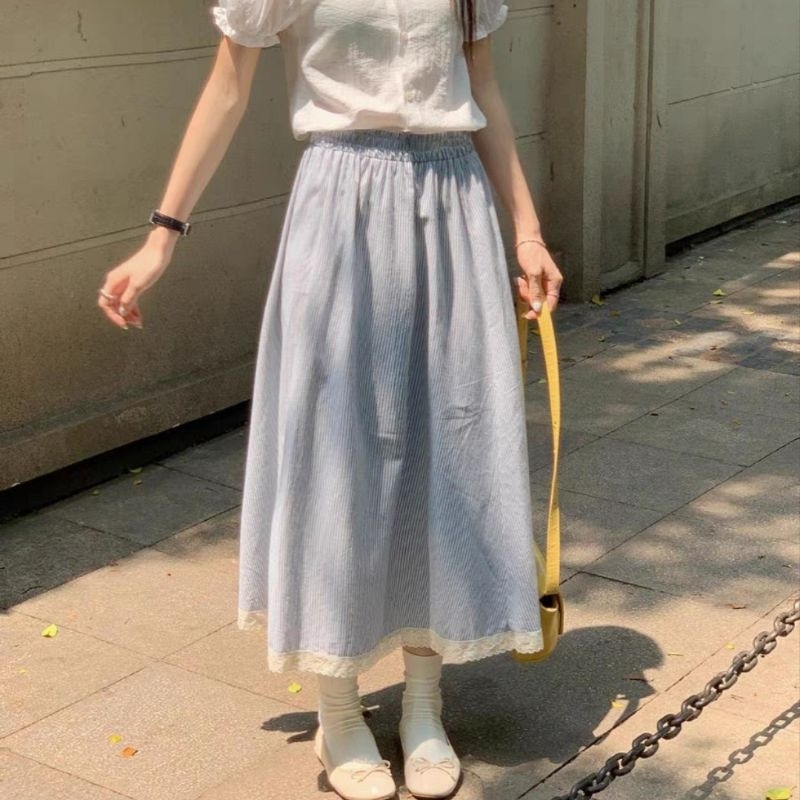 chân váy kẻ sọc phối ren dáng dài cạp co giãn ulzzang | BigBuy360 - bigbuy360.vn