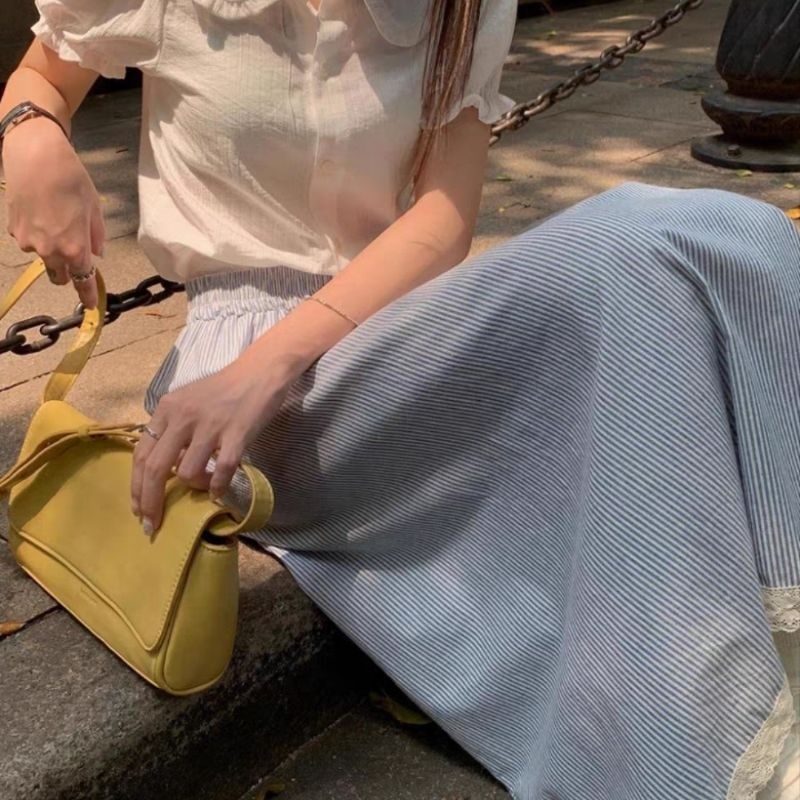 chân váy kẻ sọc phối ren dáng dài cạp co giãn ulzzang | BigBuy360 - bigbuy360.vn