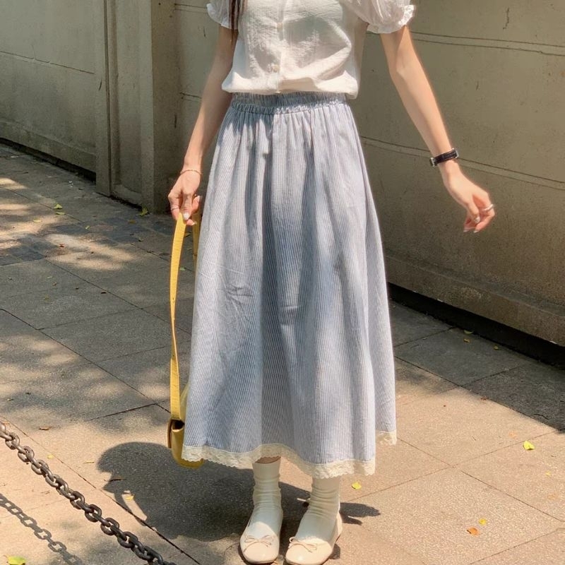 chân váy kẻ sọc phối ren dáng dài cạp co giãn ulzzang | BigBuy360 - bigbuy360.vn
