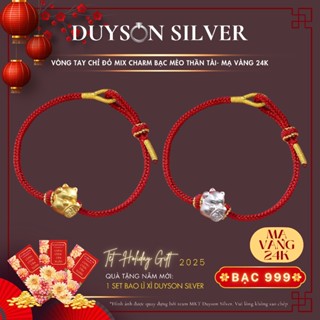Vòng tay mèo thần tài bạc 999 mạ vàng 24K Duyson Silver, lắc tay chỉ đỏ may mắn năm mới LTKX42