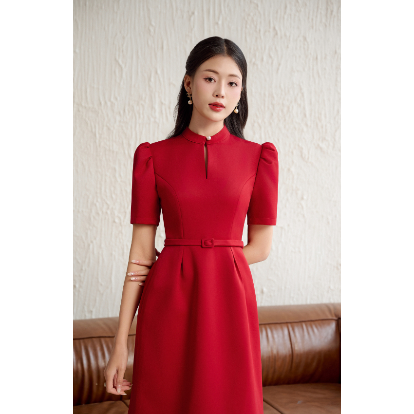 (Winter) Váy Keelin thiết kế dáng xếp ly A cổ tàu tay bồng