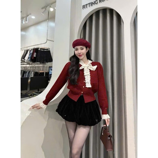 Khoác Len Nữ Dài Tay Phối Nơ Ren Cổ Áo