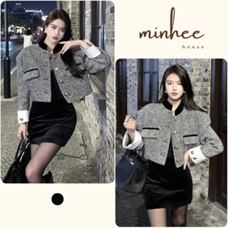 Áo khoác dạ tweed phối tay trắng Minhee có đệm vai phong cách Hàn Quốc T041