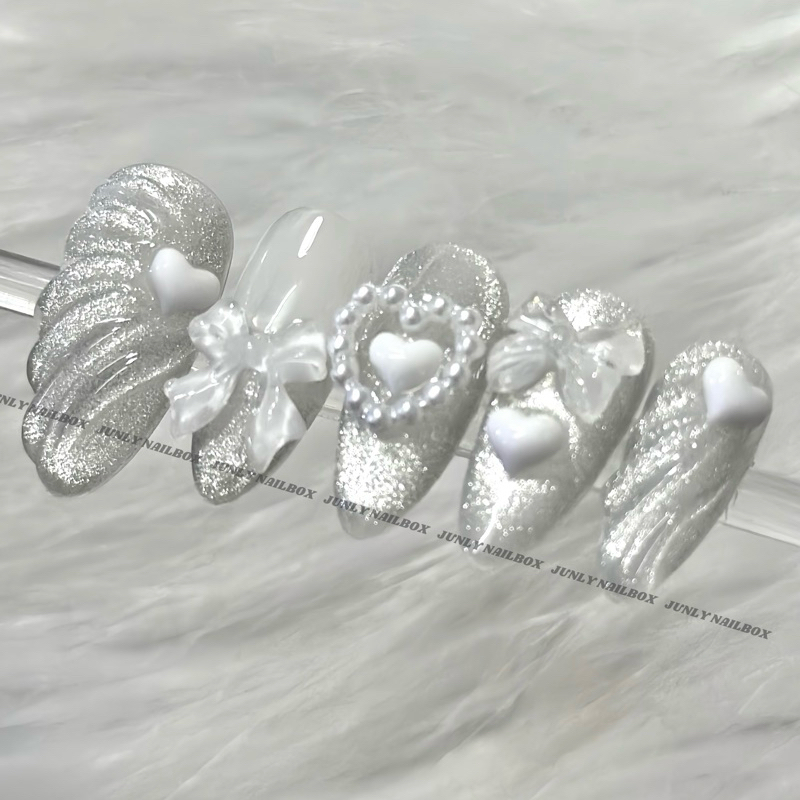 Nailbox thạch trong mắt mèo JUNLY - nail box thiết kế móng giả mắt mèo đính nơ trắng 349