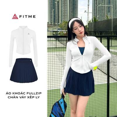 Bộ đồ Pickleball, cầu lông, tennis nữ Fitme áo khoác fullzip trắng tôn dáng, chân váy xếp ly năng động có quần bảo hộ