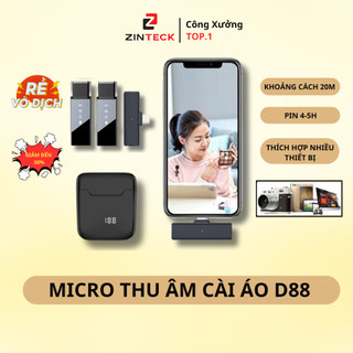Micro Thu Âm Không Dây Cài Áo Kèm Dock Sạc D88 - Khử Tiếng Ồn Cực Tốt - Pin Sử Dụng 8h - Màn Hình Led Hiển Thị Thông Tin