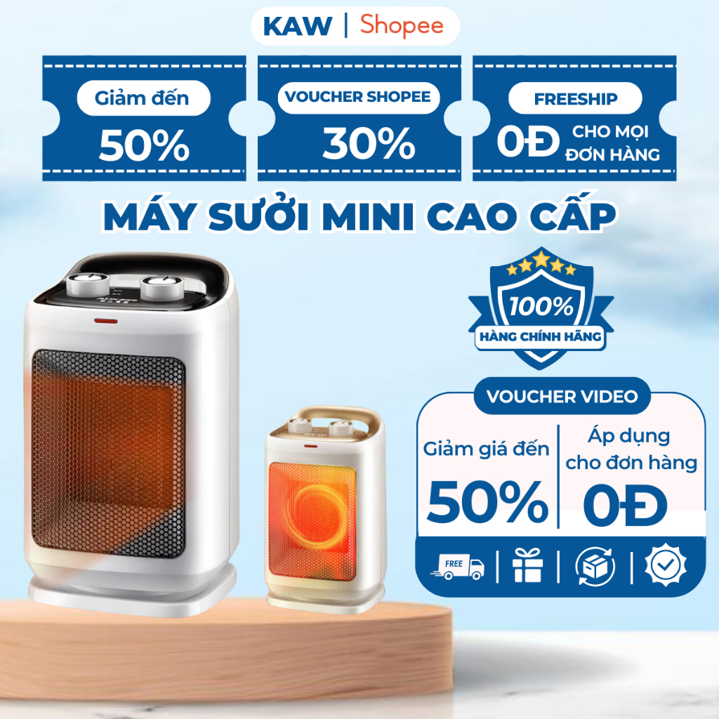 Quạt Sưởi Mini, Máy Sưởi Ceramic KAW K3000 Công Suất 1500W, Ấm Nhanh, Tự Động Ngắt Điện, BH 12 Tháng