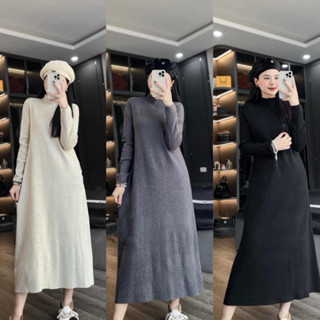  Váy len nữ cao cổ dài tay form rộng xòe chữ A  dáng dài Đầm bầu nữ oversize bigsize xám đen be thu đông basic xinh T716G 
