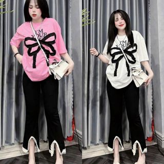 Đồ bộ nữ Bigsize quần dài ống loe nơ xẻ tà cạp cao thun gân áo tay ngắn ESHOP Đồ mặc nhà đẹp dễ thương đi chơi Xinh DB89