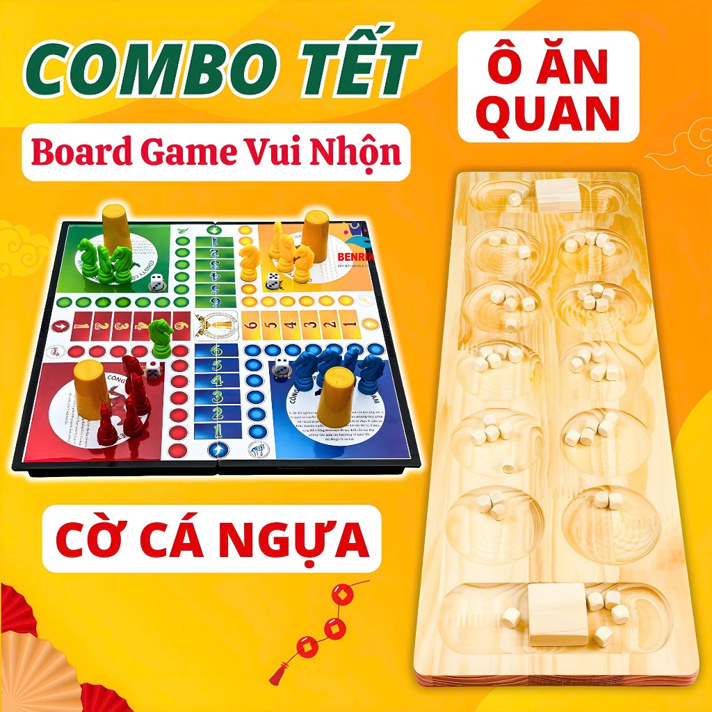 Combo Tết Bộ Cờ Ô Ăn Quan Bằng Gỗ Kèm Cờ Cá Ngựa Bằng Nhựa, Đồ Chơi Board Game Vui Nhộn Cho Bé Chơi 