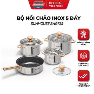 Bộ 3 Nồi 1 Chảo Inox 5 Đáy Sunhouse SHG789 Quai Núm Nồi Mạ Vàng, Đường Kính Nồi 16-20-24cm, Chảo 24cm