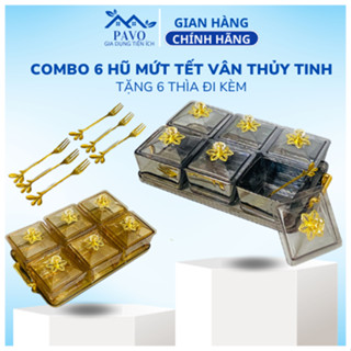 Khay Đựng Mứt Tết 6 Hũ Ngăn Thủy Tinh Đựng Bánh Kẹo, Mứt Tết, Hạt Dưa Sang Trọng, Hũ Đựng Kẹo Ngày Tết