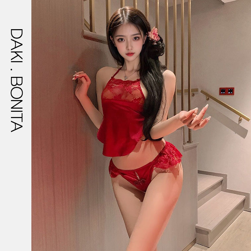 Set đồ ngủ lụa sexy nữ DK02 KHÔNG KÈM TẤT kiểu áo yếm kèm quần lót lọt khe phối ren siêu gợi cảm