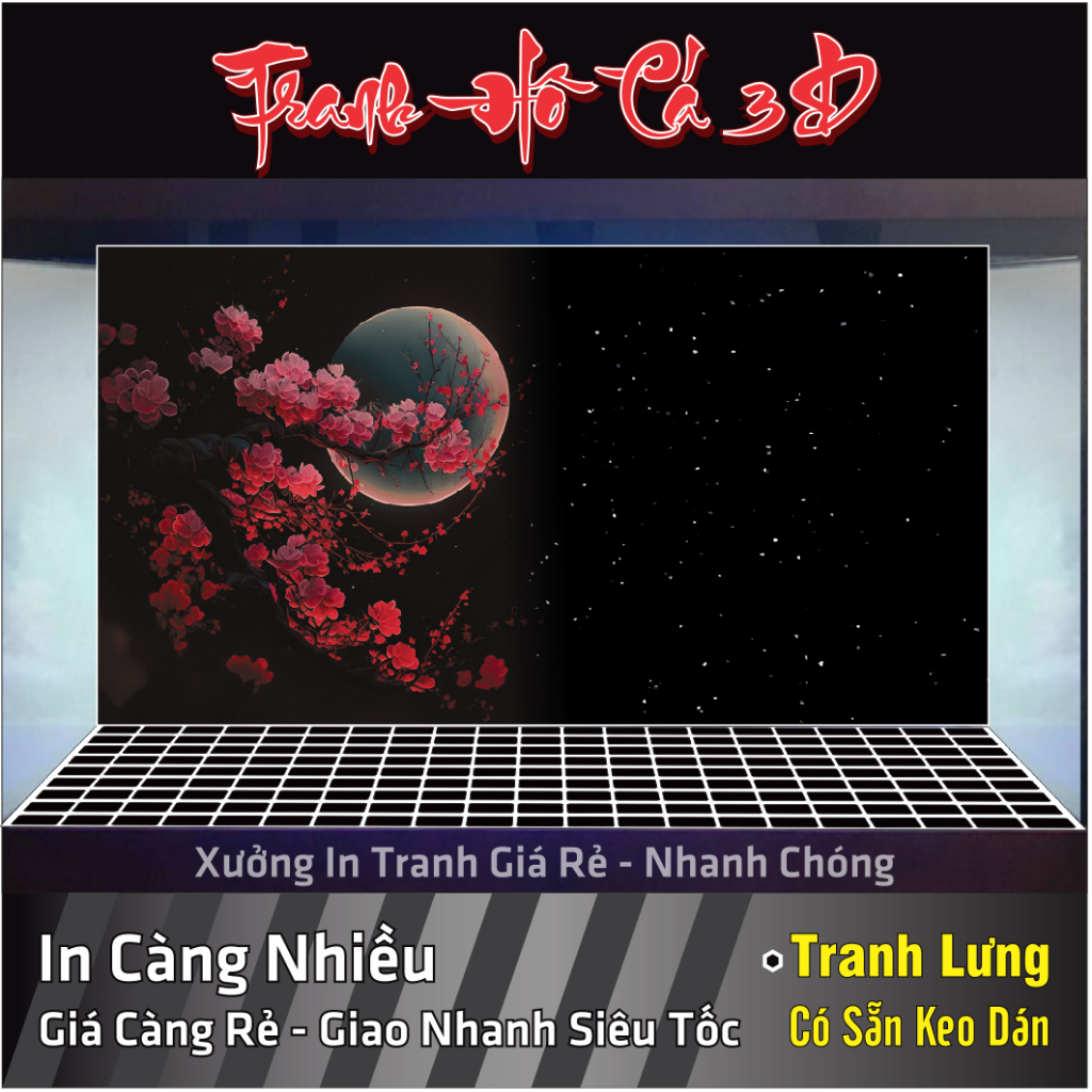 Tranh 3D dán hồ cá, Hoa nền đen, dán bể cá cảnh - NHIỀU KÍCH THƯỚC - CÓ SẴN KEO