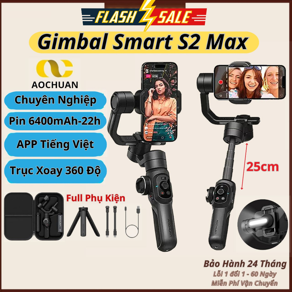 Gimbal Smart S2 Max chính hãng AOCHUAN, Gymbal chống rung hỗ trợ quay phim, chụp ảnh chuyên nghiệp