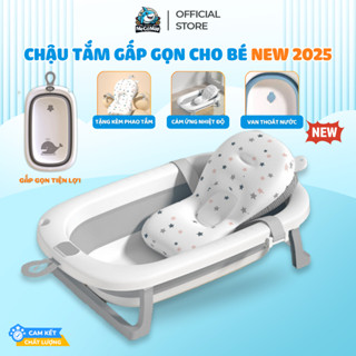 Chậu Tắm Gấp Gọn Cho Bé, Thau Tắm Bé Kèm Phao Loại To Dày Dặn Có Nhiệt Kế, Nút Thoát Nước Tiện Lợi