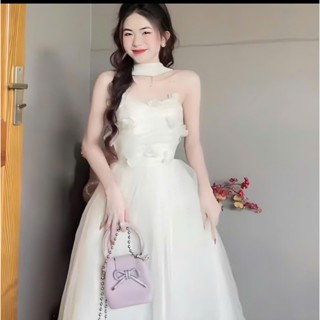 Đầm váy trắng tiểu thư midi xoè dài cổ choker cúp ngực đính hoa 3D voan phối 2 lớp lưới 45-65KG bigsize cưới LOREN 