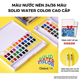 Màu Nước GLOBAL ART Solid Water Color Cao Cấp 24 /36 Màu Nước Dạng Nén Tươi Sáng Kèm Bút Cọ Tán Và Palette M70020/22