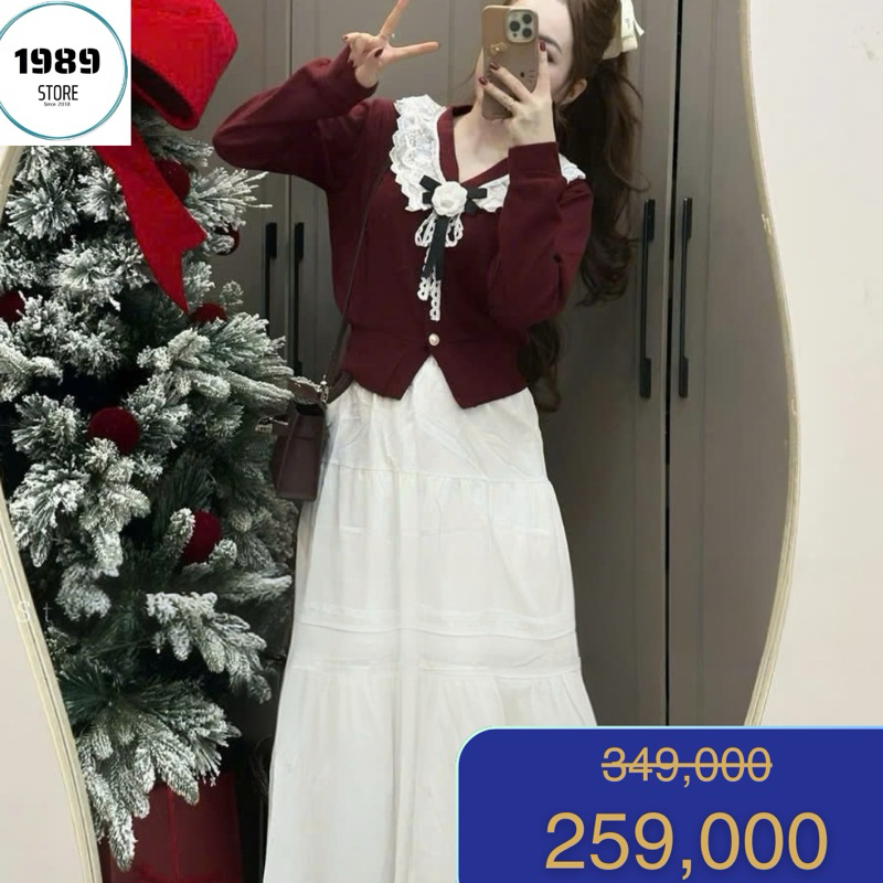 Sét áo tay dài ren mix chân váy xòe dài không kèm hoa cài kho sỉ 1989 store tiểu thư dễ thương