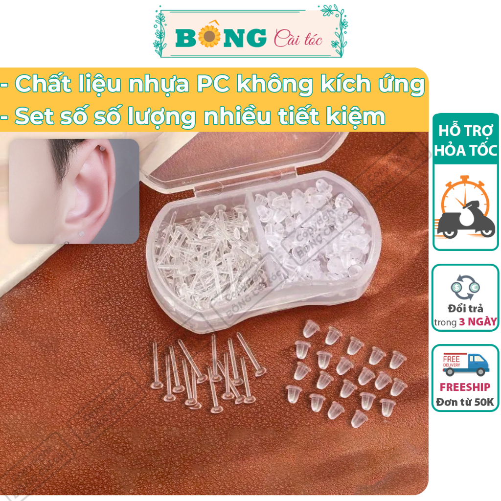 Set kèm hộp bông tai nhựa trong suốt đầu tròn 3mm giữ lỗ, giấu lỗ xỏ, không gây kích ứng BT120 - khuyên tai BÔNG Cài Tóc