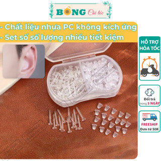 Set kèm hộp bông tai nhựa y tế trong suốt hình tròn giữ lỗ, không gây kích ứng BT120 - khuyên tai BÔNG Cài Tóc