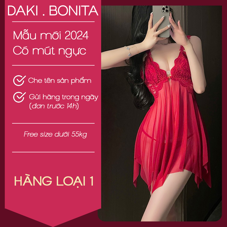 Bộ đồ váy ngủ nữ xuyên thấu phối ren sexy DK249 kiểu đầm 2 dây có mút ngực nhỏ gài trước kèm quần lót gợi cảm | BigBuy360 - bigbuy360.vn