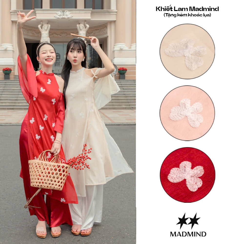    KÈM KHOÁC LỤA - KHÔNG KÈM QUẦN   - Áo Dài Cách Tân Nữ Khiết Lam Thêu Hồ Điệp MADMIND - Màu Đỏ   Be   Hồng 