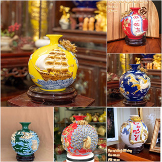 Bình hút lộc, lọ hoa hút lộc thuận buồm xuôi gió đắp nổi 3d gốm sứ bát tràng cao cấp ( tặng chân đế)