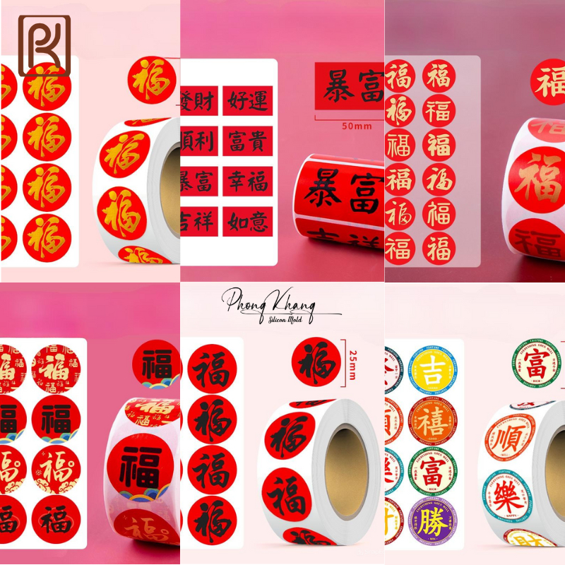 Sticker cuộn 500 tem - Sticker nhiều mẫu Tết chữ Hoa - Sticker đẹp