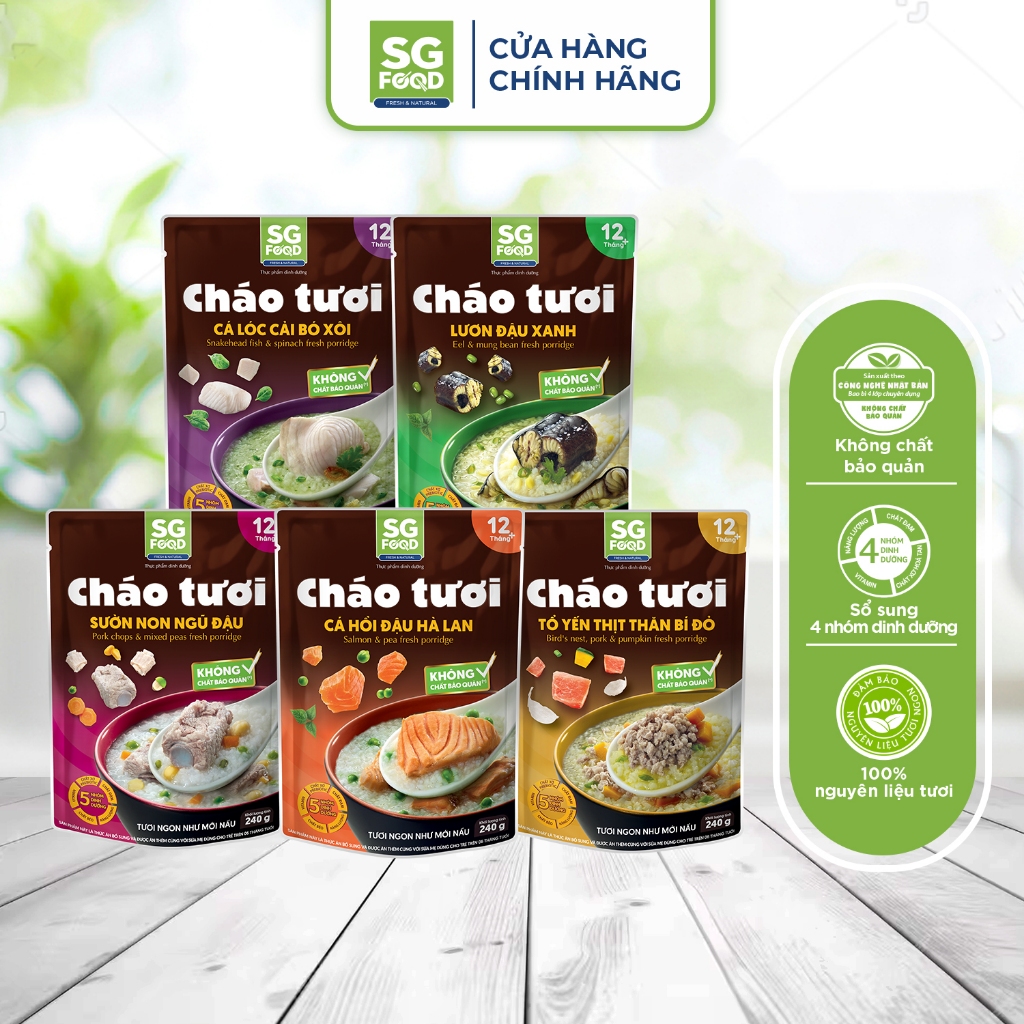 Lốc 51 - 5 Cháo Tươi Ăn Liền SG Food 240G mix vị (Tổ Yến Thịt Thăn, Sườn Non, Lươn, Cá Lóc, Cá Hồi)