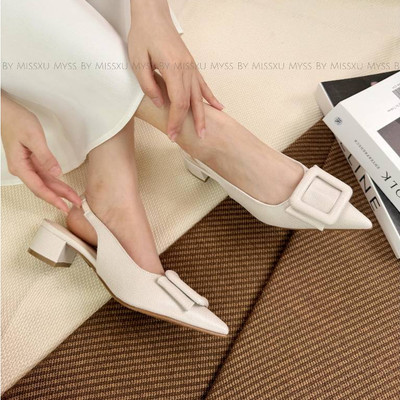 Giày nữ MYSS slingback mũi nhọn nơ cài khoen vuông gót trụ 4 cm cao cấp - CG328