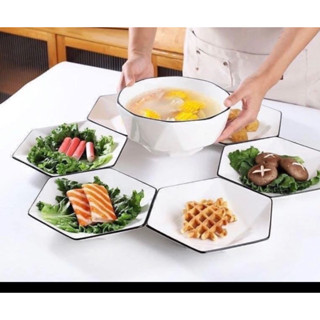 Bộ bát đĩa lục giác họa tiết trắng  sứ  viền đen  siêu đẹp -gốm sứ bát tràng cao cấp chuẩn hình đĩa 20cm tô 18cm