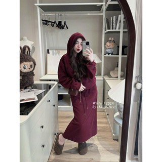 set đồ nữ áo hoodie có mũ mix chân váy bút chì maxi dáng dài đỏ đô, Set bộ nỉ dài tay có mũ kèm chân váy dài basic
